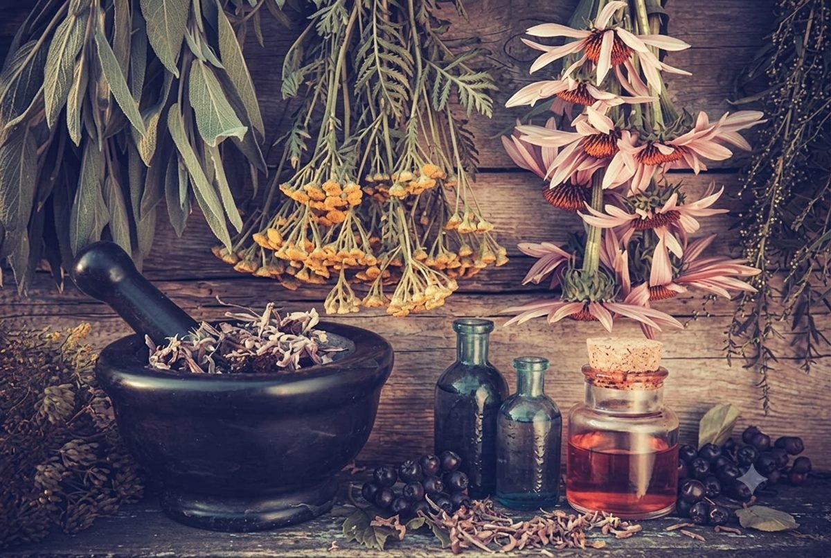 Dried botanicals, a black mortar and amber essential-oil bottles on aged wood