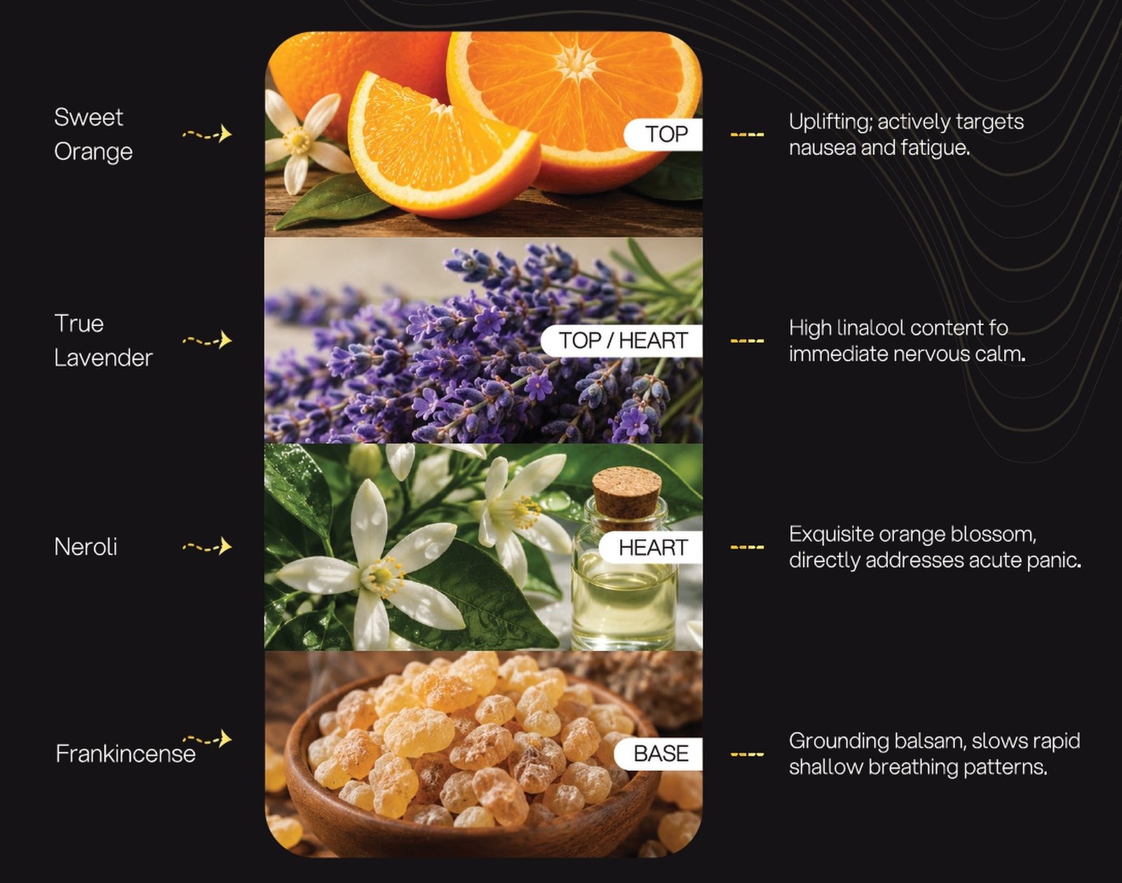 Sérénité Pur formulation architecture: Sweet Orange, True Lavender, Neroli, Frankincense