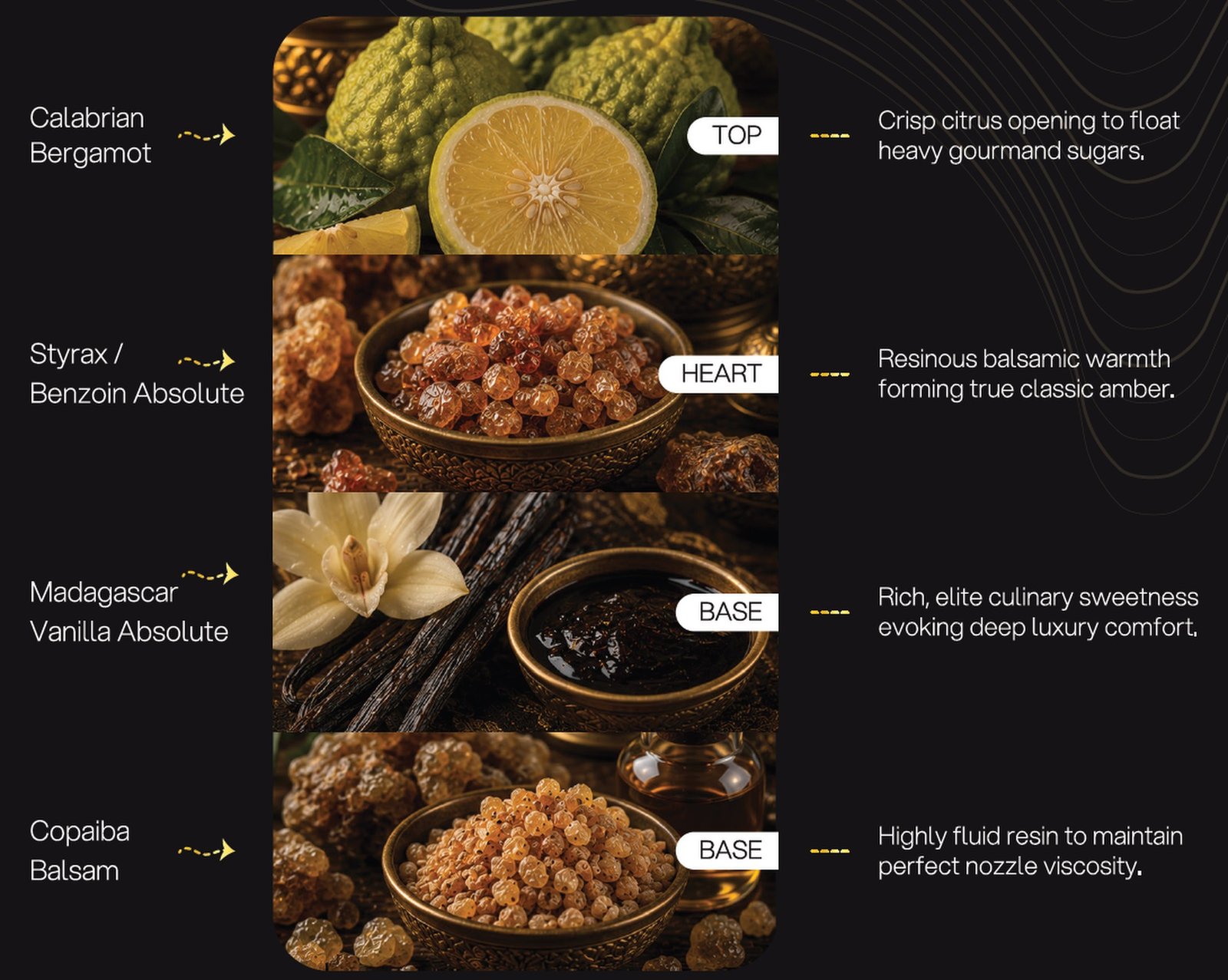The Imperial Amber & Vanilla formulation architecture: Calabrian Bergamot, Styrax / Benzoin Absolute, Madagascar Vanilla Absolute, Copaiba Balsam
