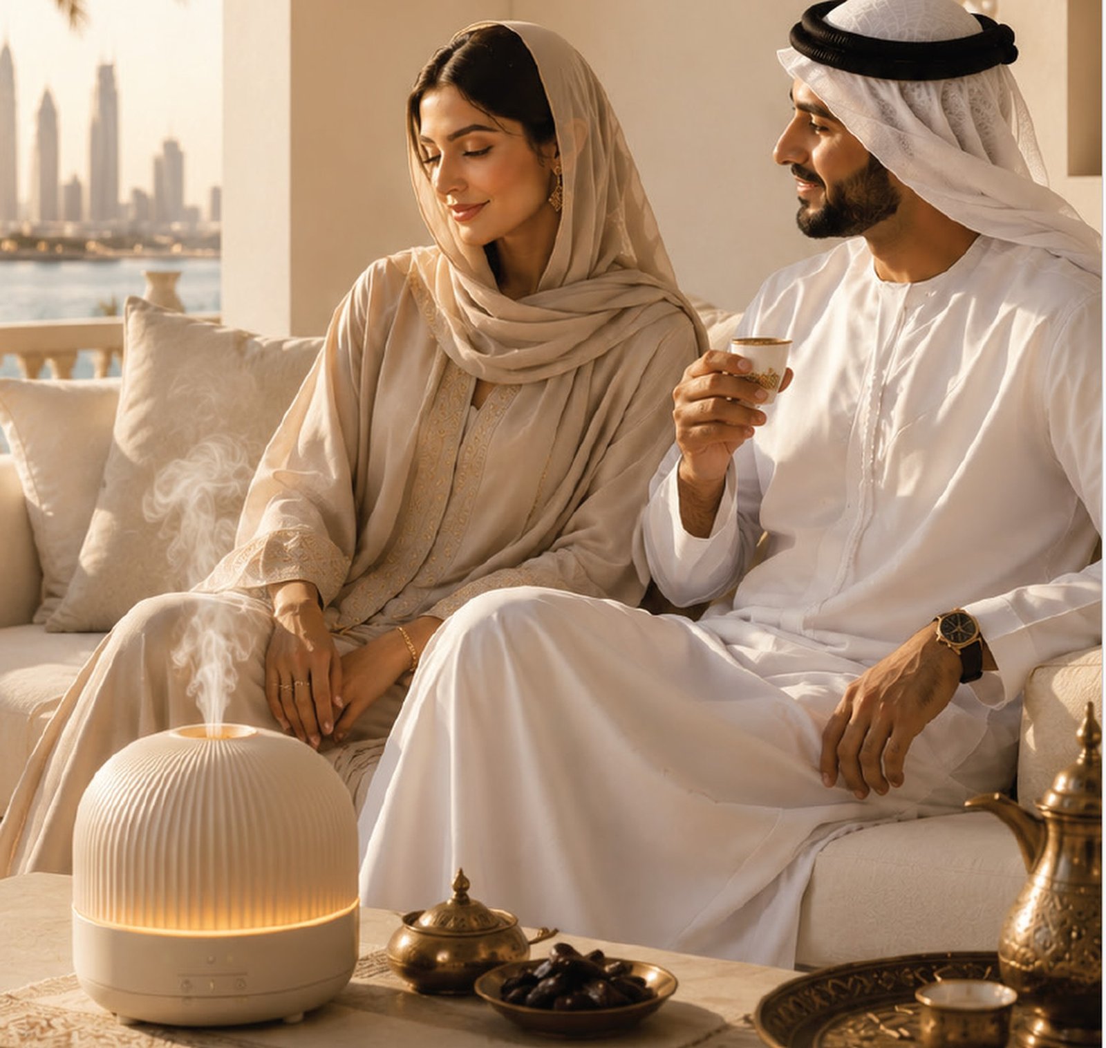 Emirati couple enjoying Arabic coffee in a majlis with a diffuser and the Dubai skyline behind