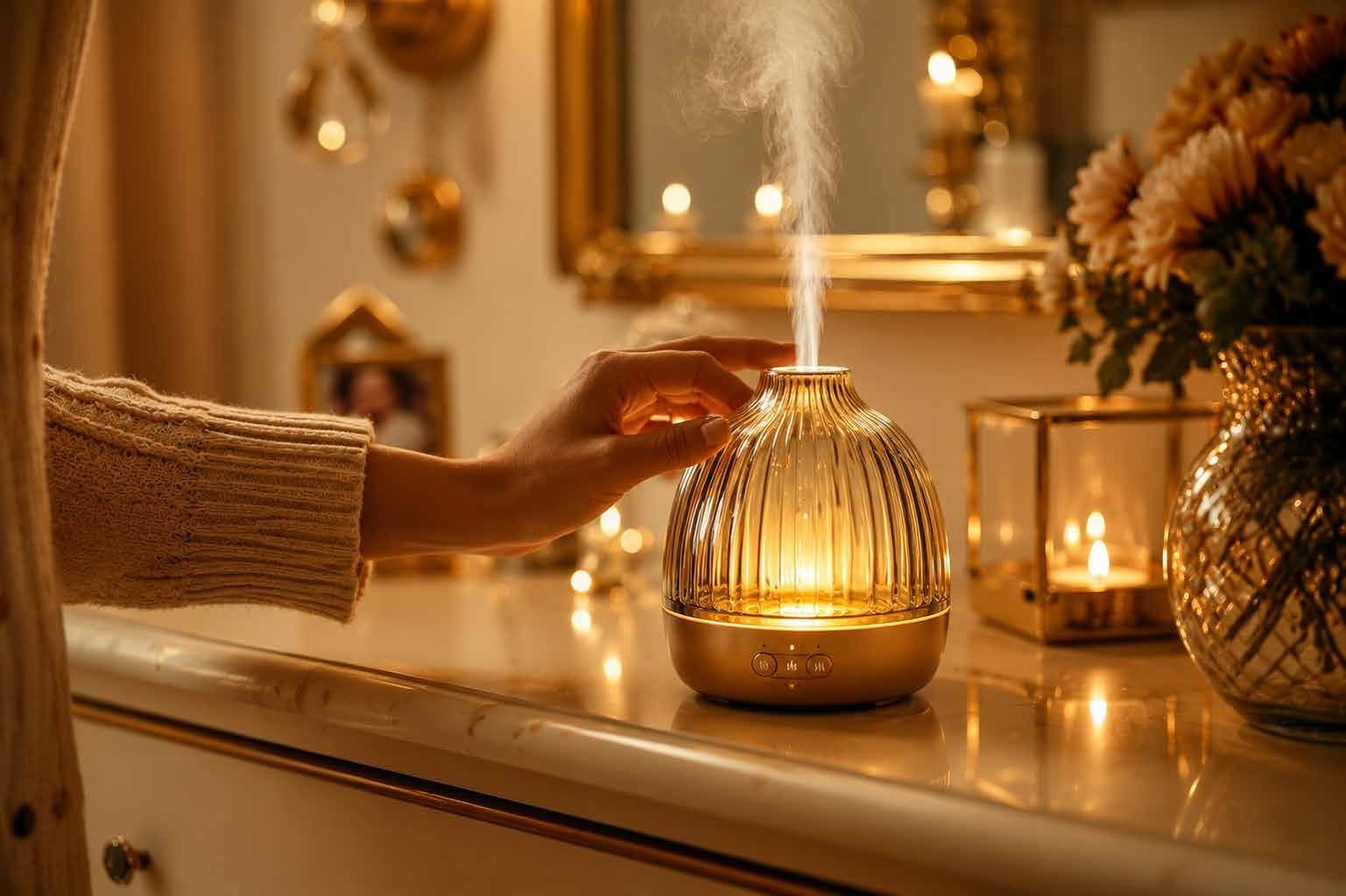 Hand touching a golden fluted fragrance diffuser releasing a plume of scented mist
