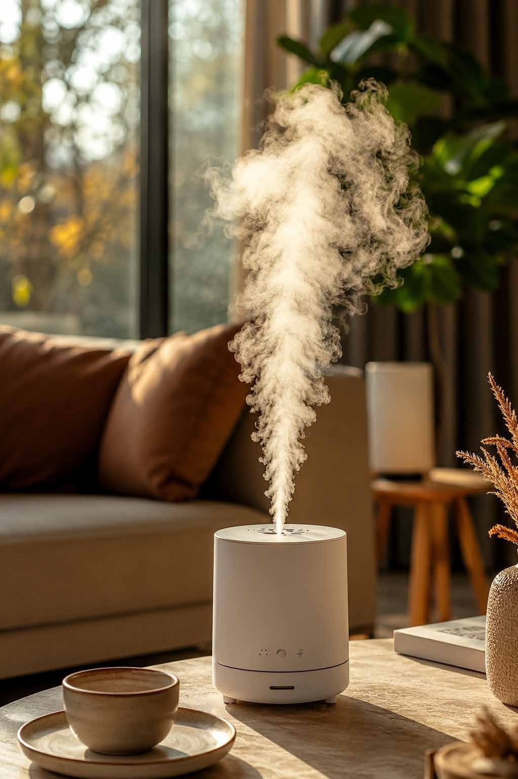 White diffuser releasing scented mist in a sunlit modern living room