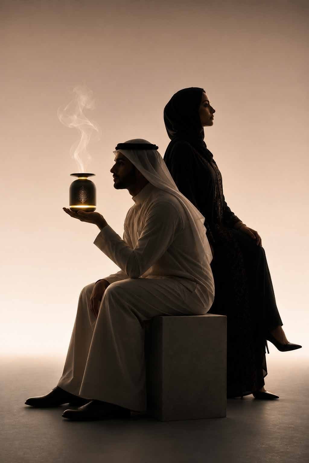 Silhouette of a man in a thobe holding a glowing diffuser, a woman seated behind him
